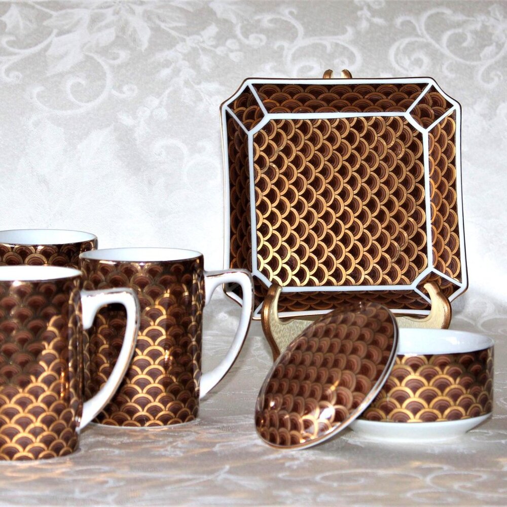 Japanese Art Deco Porcelain Snack Set | Mugs Snack Plate Sugar Bowl
